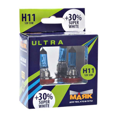 Лампа галогеновая H11 12V  55W PGJ19-2 Super White +30% Маяк (82110SW+30), 2шт, к-т