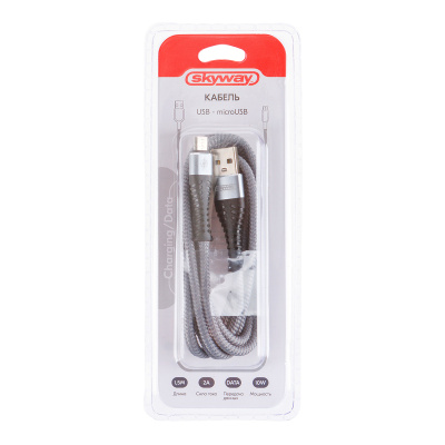 Кабель USB для зарядки Android(microUSB), L 1,5 м, 2А, 10Вт, в тканевой оплетке, серый S09602010 SW