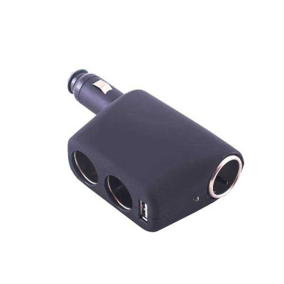 Адаптер прикуривателя 2 гнезда +1 USB*0.5A, неподвижный штекер на корпусе, Черный SKYWAY S02301010