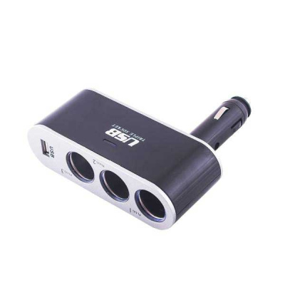 Адаптер прикуривателя 3 гнезда + USB*2A, предохранитель 5А, Черный  SKYWAY S02301022  