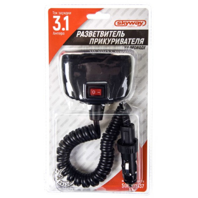 Адаптер прикуривателя 2 гнезда+2 USB*3.1А, 12V, крепление штекера на проводе,Черный SKYWAYS00301037