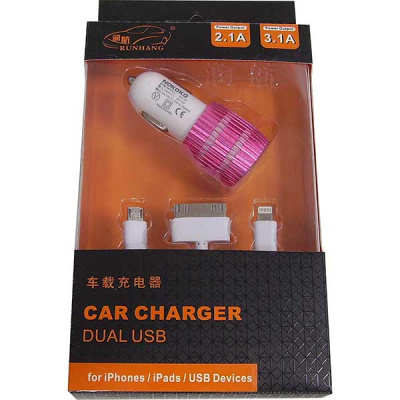Адаптер прикуривателя 2 USB (2.1A; 3.1A ) + зарядка 3 вида , белый/ розовый