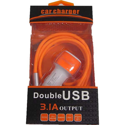 Адаптер прикуривателя 2 USB (2.1A; 3.1A ) + зарядка 3 вида , силикон, оранжевый