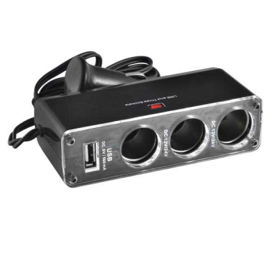 Адаптер прикуривателя 3 гнезда+1 USB*1A, крепление штекера на проводе, Черный SKYWAY S02301008