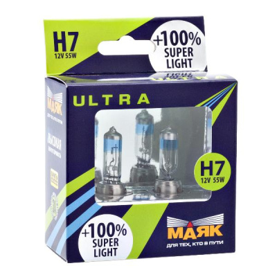 Лампа галогеновая H 7 12V 55W Pх26d Super Light+100 (82720SL+100) 2 шт, к-т  Маяк Ultra