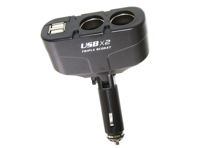 Адаптер прикуривателя WF-0668 (2 разъема + 2 USB) подвижное крепление штекера, черный