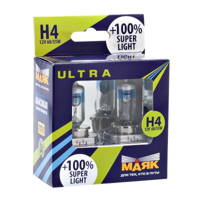 Лампа галогеновая H 4 12V 60/55W P43t Super Light+100 (82420SL+100) 2 шт, к-т Маяк Ultra 