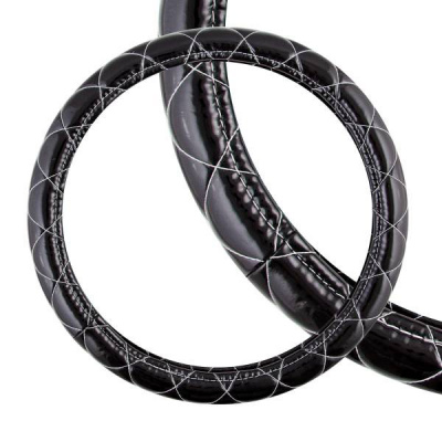 Оплетка экокожа лак Luxury-5, M (37-39 см) черная с белой строчкой SKYWAY S01105001