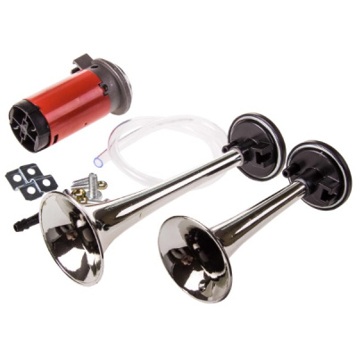 Сигнал воздушный 12V 2 рожка, L 160/220мм,110dB, компрессор, хром  SKYWAY S07601005 (1/10) вывод