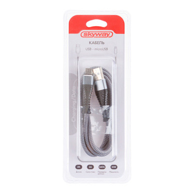 Кабель USB для зарядки Android(microUSB), L 1 м, 2А, 10Вт,в тканевой оплетке, серый S09602009 SKYWAY