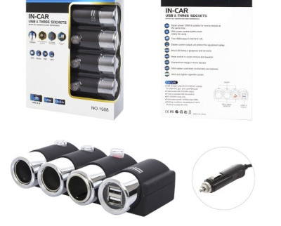 Адаптер прикуривателя 3 гнезда+2 USB 3.1mA, 120W, 12/24V, штекер на проводе No.1508