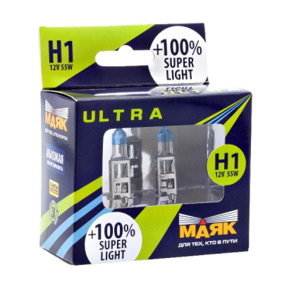 Лампа галогеновая H 1 12V 55W P14,5s Super Light+100% (82120SL+100) 2 шт, к-т  Маяк 