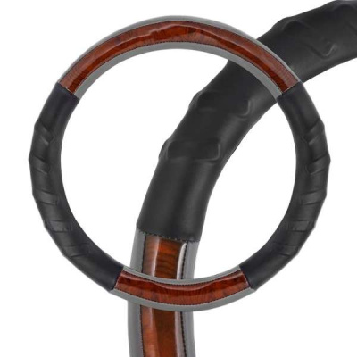 Оплетка экокожа, вставки под дерево Wood-7, M (37-39 см) Черная-серая SKYWAY S01102060