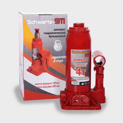 Домкрат бутылочный гидравлический  4т, высота 195-380 мм (коробка картон) SCHWARTZ-911
