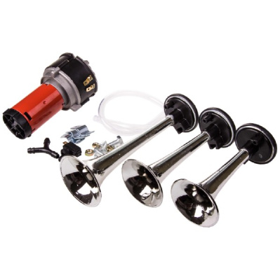 Сигнал воздушный 12V 3 рожка, L 140/160/220мм,110dB, компрессор, хром  SKYWAY S07601013 (1/10)