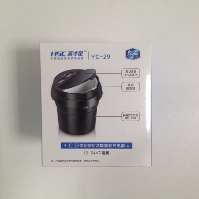 Пепельница-стакан пластик, синяя подсветка крышки, разветвитель USB 3.1A 12/24V ,черная  HSC YC-29