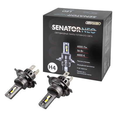 Лампа (LED аналог ксенона) H 4 12V 56W 6000K 6000Lm P43t SENATOR NEO (2 шт), к-т  SKYWAY S08201637 