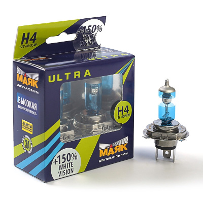 Лампа галогеновая H 4 12V 60/55W P43t White Vision+150 (82420WV+150) 2 шт, к-т  Маяк  