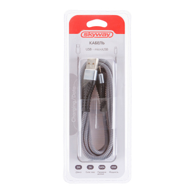 Кабель USB для зарядки Android(microUSB), L 2 м, 2А, 10Вт, в тканевой оплетке, серый S09602011 SW
