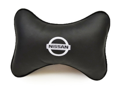 Подушка подголовник Косточка экокожа, Черная, логотип NISSAN
