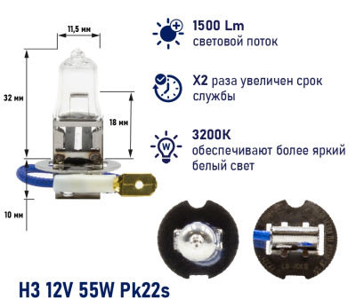 Лампа галогеновая H 3 12V 55W PK22s ORIGINAL PRO Маяк OEM 02320