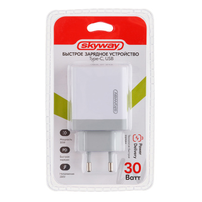 Адаптер сетевой для зарядки USB/ Type-C, 220В, 30Вт, белый, блистер S04602004  SW